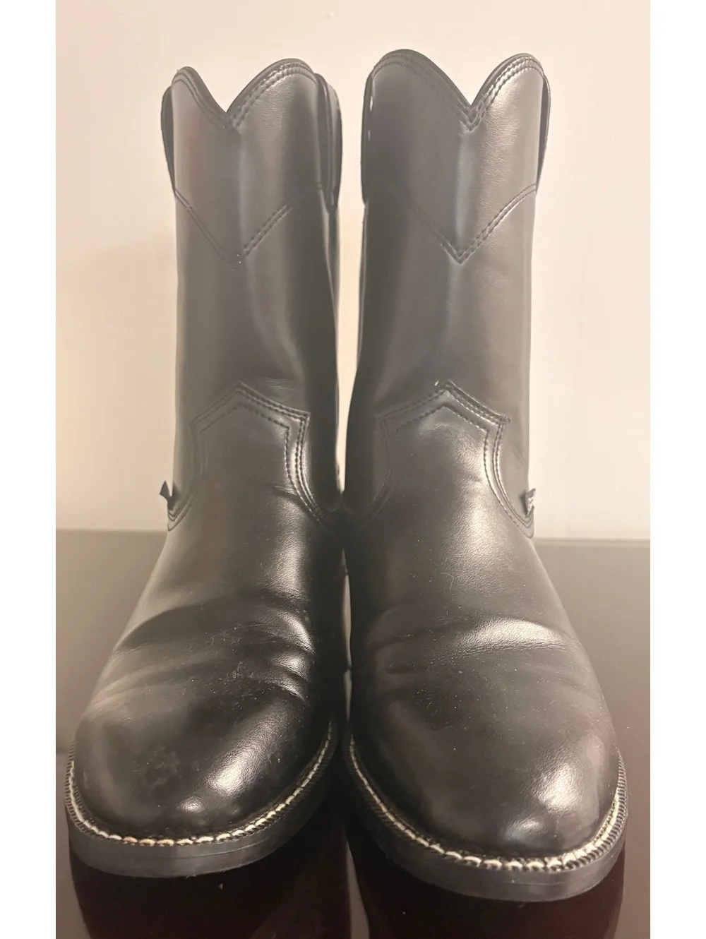 Justin Black Leather Mid-Calf Western Boots with Scalloped Top and Logo Sole